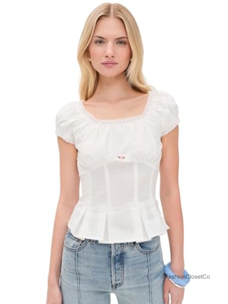 Linen Lace Trim Tank Top With Puff Sleeves